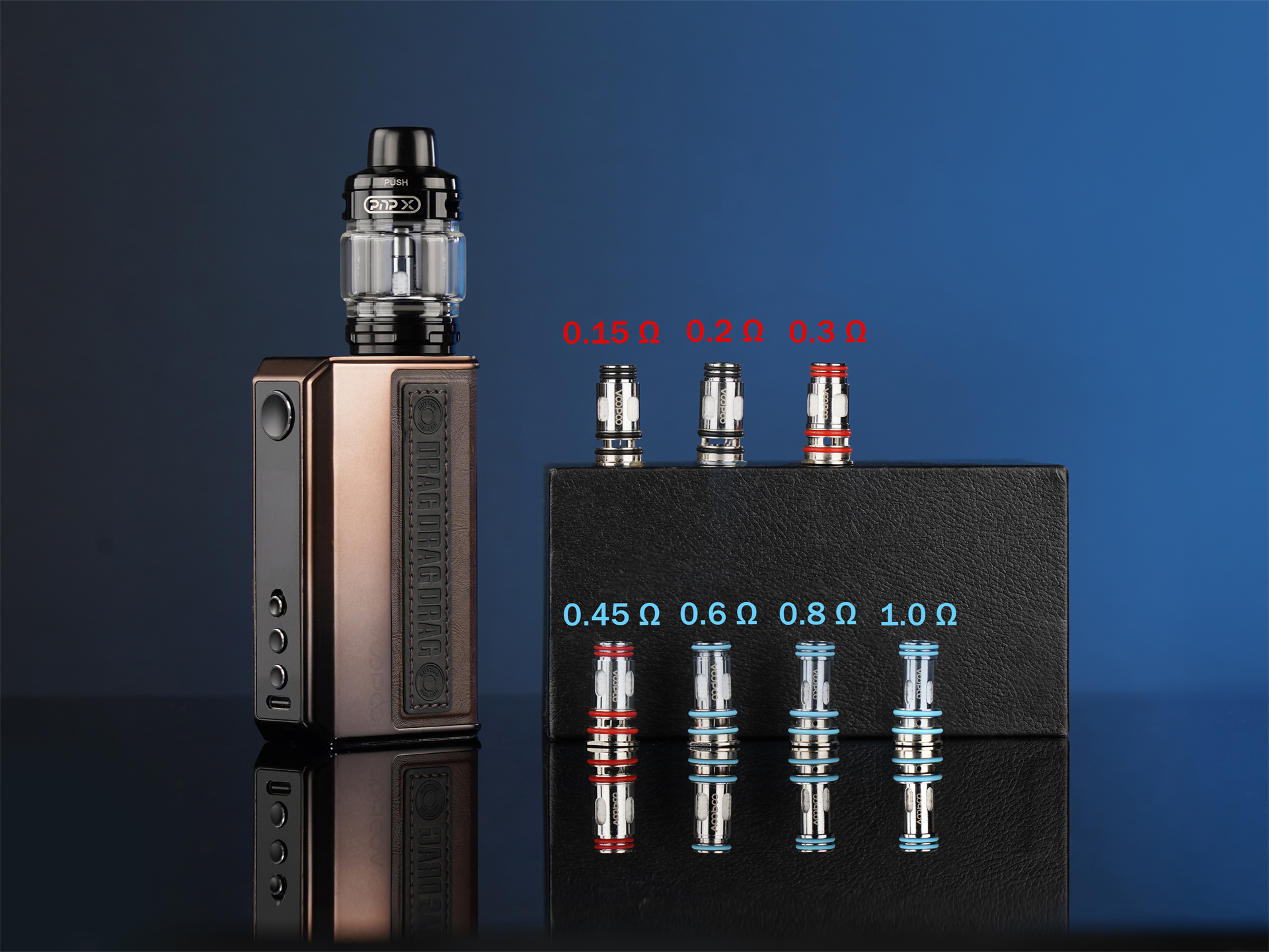 A display of authentic VOOPOO PnP X platform coils showing various resistances (ohm) designed for different vaping styles from MTL to DTL.