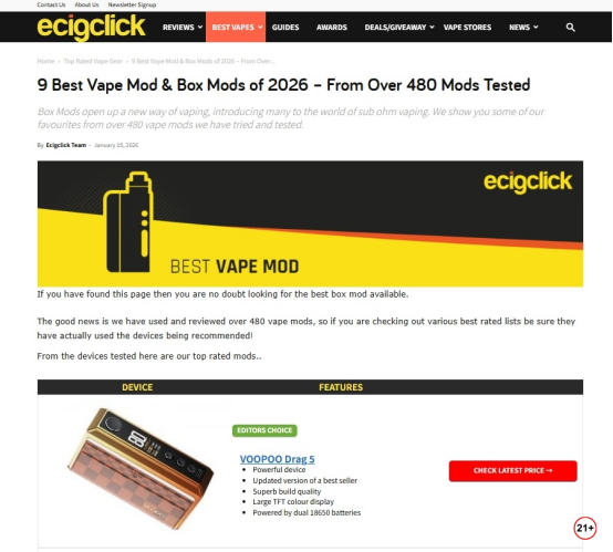 alt text: DRAG 5 was ranked No.1 in Ecigclick's “9 Best Vape Mod & Box Mods of 2026”. What surprises will DRAG 6 bring us?