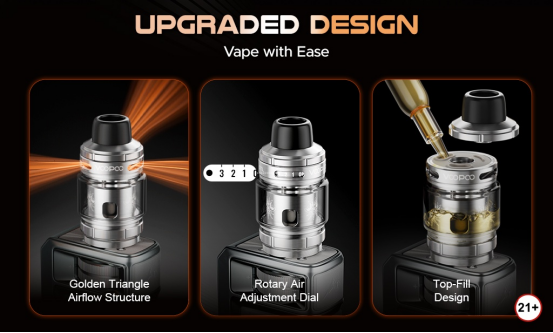 alt text: Golden Triangle Airflow Structure. Rotary Air Adjustment Dial. Top-Fill Design