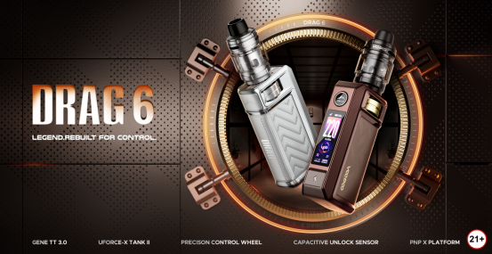 alt text: GENE TT 3.0 chip, UFORCE-X Tank II and Precision Control Wheel of VOOPOO DRAG 6