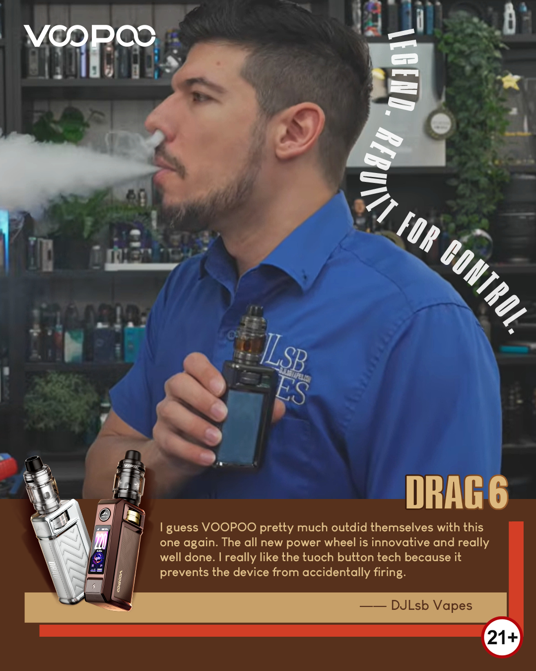 DRAG 6 reviewer testimonial praising innovative power wheel and touch button anti-fire technology