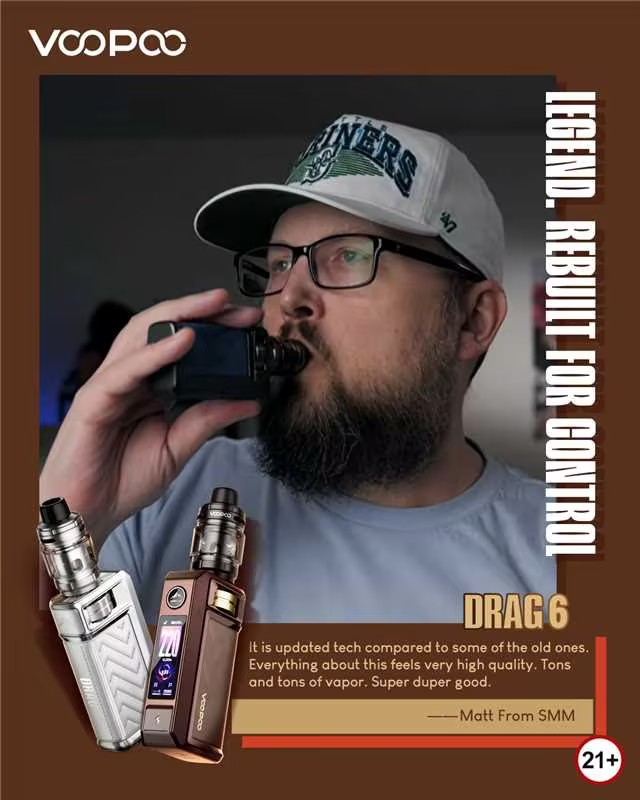 DRAG 6 reviewer testimonial praising updated high-quality tech and massive vapor production
