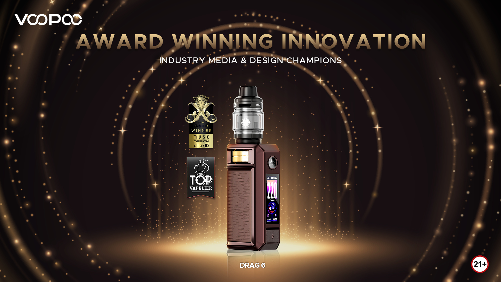 VOOPOO DRAG 6 Top Vapelier award with 4.8 score and MUSE Design Award Gold Winner 2026 combined badge