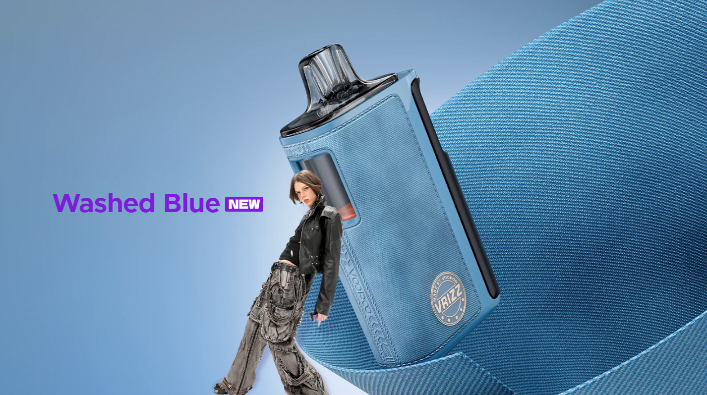 VOOPOO VRIZZ 2 pod system in Washed Blue color, showing 15 mL cartridge and 1350 mAh battery