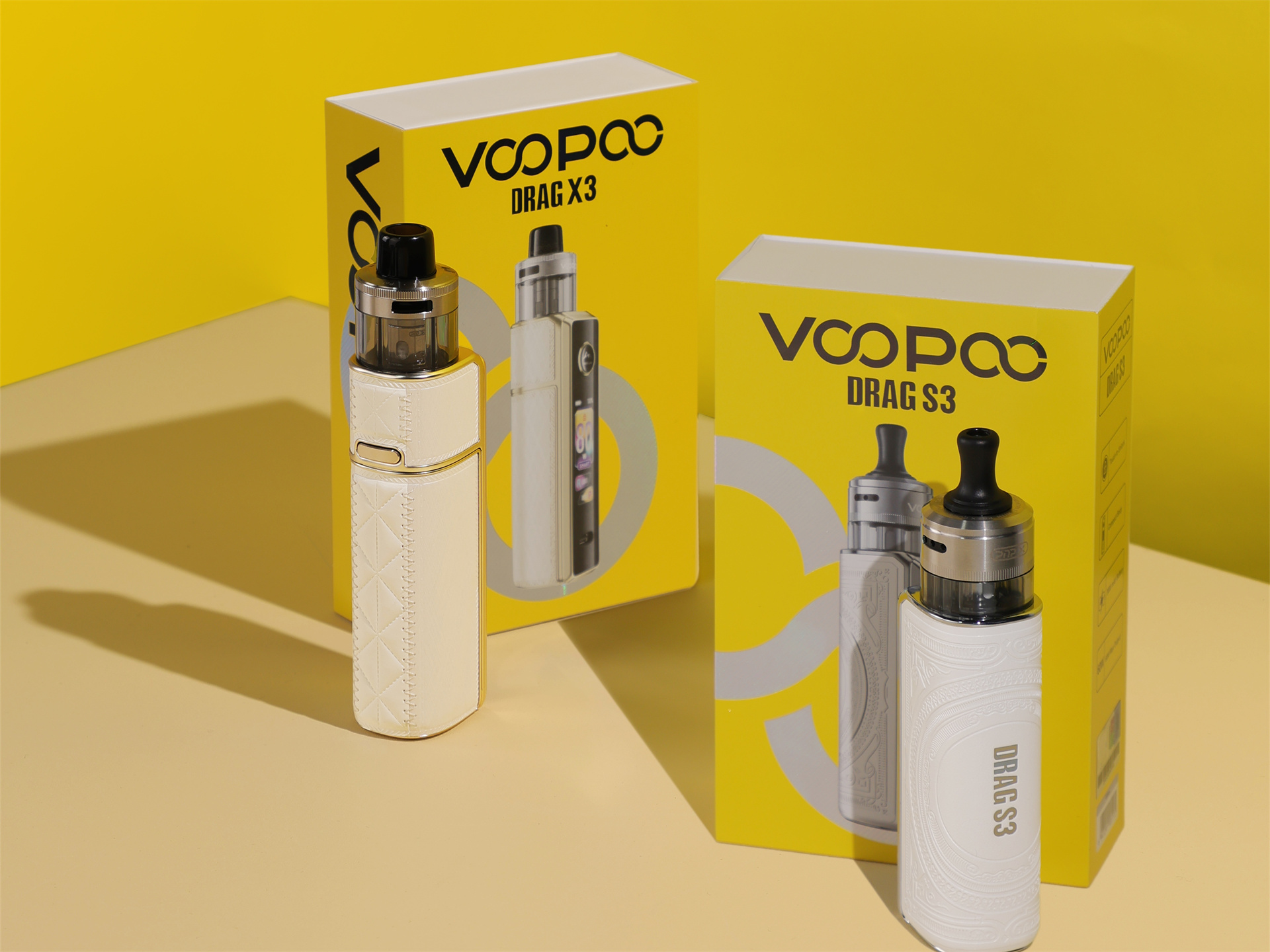 VOOPOO DRAG X3 with 80W output and 1.66-inch touchscreen and DRAG S3 with 3000mAh battery and 60W power, both featuring capacitive unlock and PnP X platform compatibility dual kit showcase